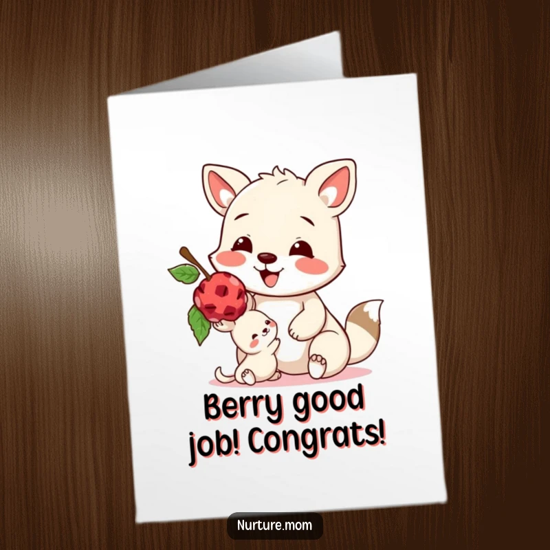 Funny Free Printable Congratulations Card: a friendly animal offering a juicy berry to a smaller companion.