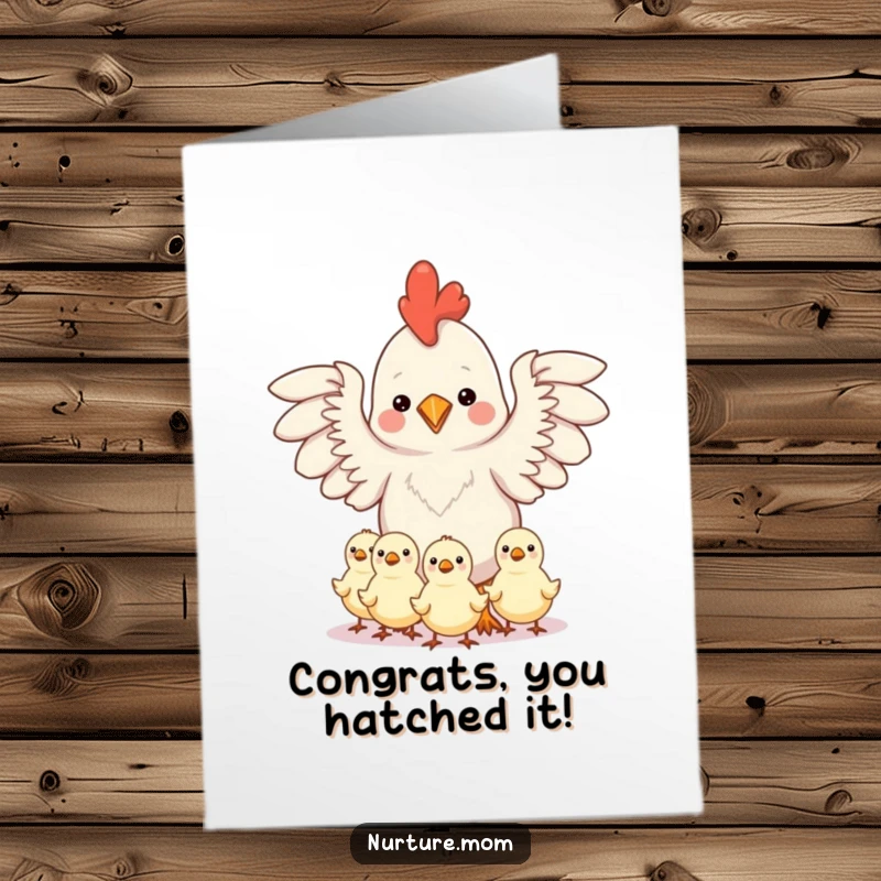 Funny Free Printable Congrats Card: Kawaii chicken mom protecting chicks, celebrating success with motherly devotion.