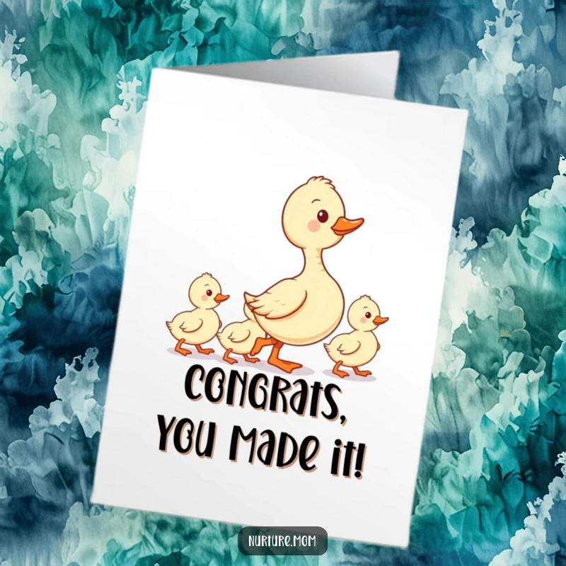 Funny Free Printable Congrats Card: Kawaii duck mom leading ducklings in a neat line, celebrating success methodically.