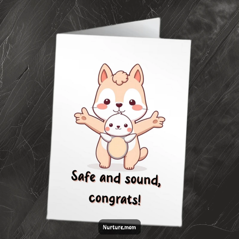 Protective Free Printable Congrats Card: An animal shielding a smaller being with its arms in a gesture of safety.