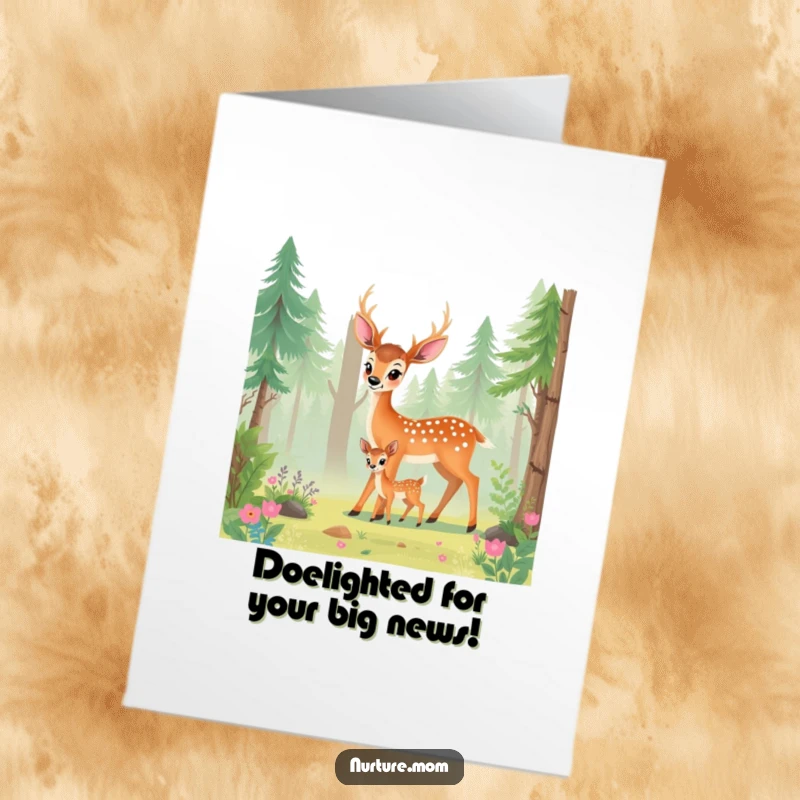 Funny Free Printable Congrats Card: Deer mom guiding fawn, celebrating success, forest background, woodland theme, downloadable card