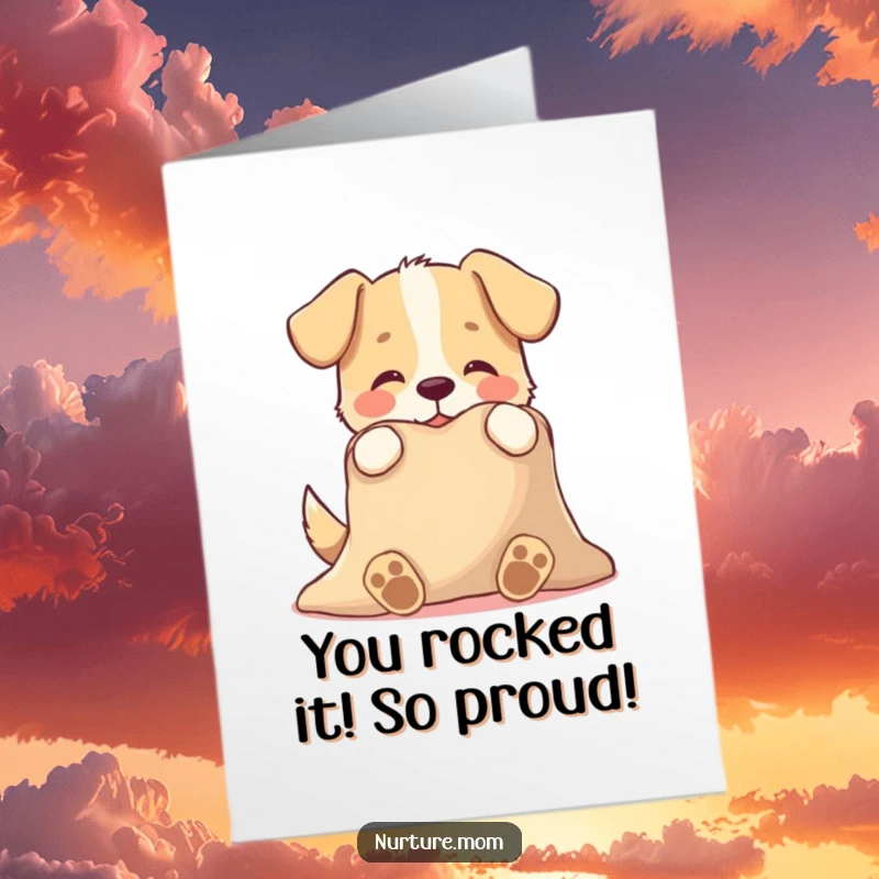 Funny Free Printable Congrats Card: A playful dog tenderly offers a warm blanket, conveying comfort and celebration, ideal for a DIY gift.