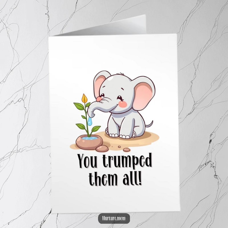 Funny Free Printable Congrats Card: A happy elephant uses its trunk to water a plant, symbolizing growth and success, ideal for a DIY gift.