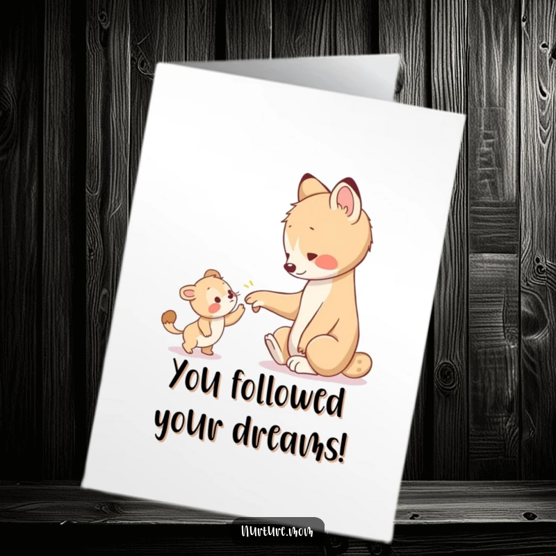 Funny Free Printable Congrats Card: Animal lovingly guides a younger creature with a compassionate paw, celebrating achievements. A touching downloadable.