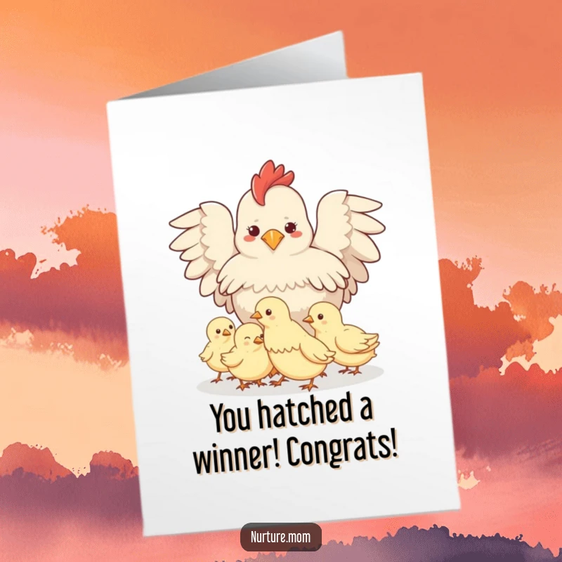 Cute Free Printable Congratulations Card: Hen ensuring her chicks are safe and sound.