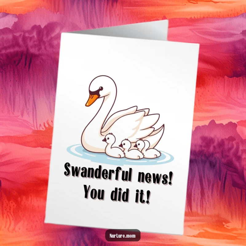 Elegant Free Printable Congratulations Card: Nurturing swan guiding her young cygnets with poise.