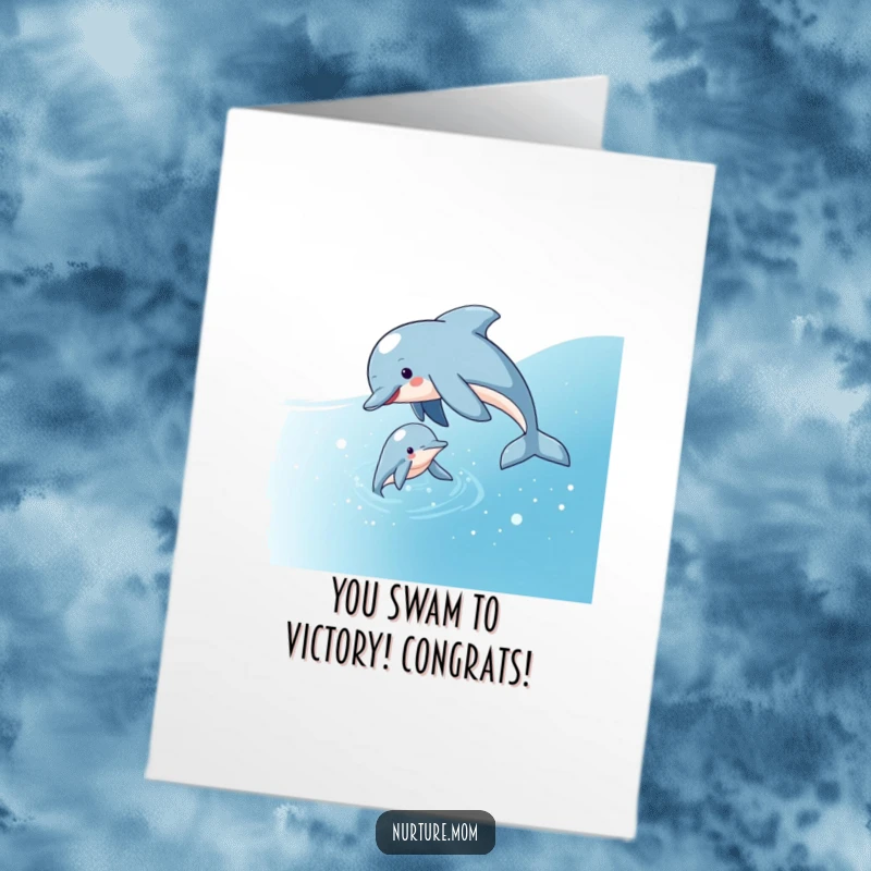 Free Printable Congrats Card: A dolphin mom guiding her calf through sparkling water, symbolizing a successful and guided path.