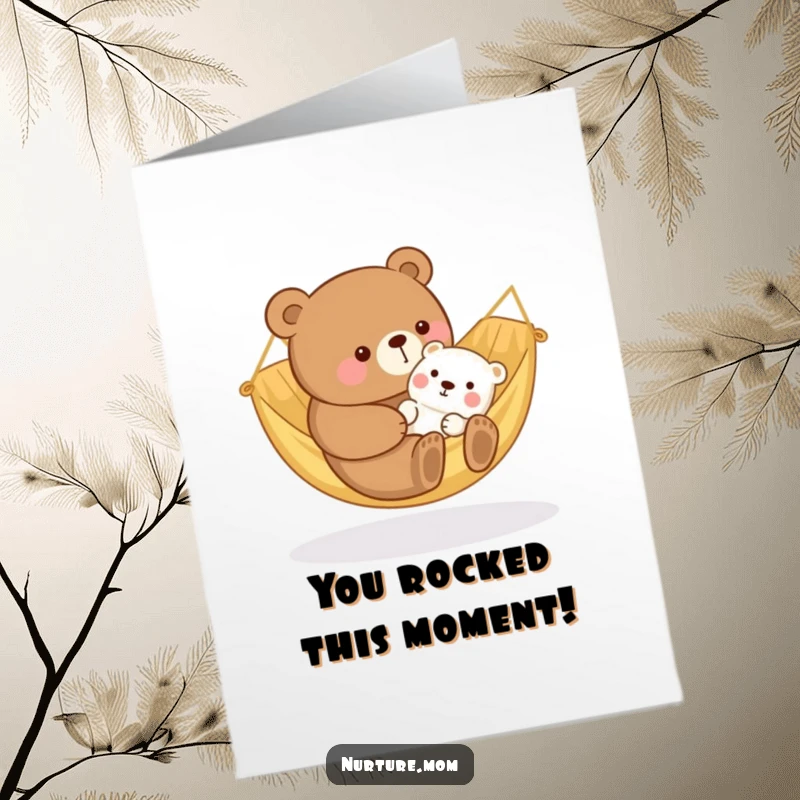 Free Printable Congratulations Card: Kawaii bear mom rocking a baby animal in a cozy hammock, celebrating joy.