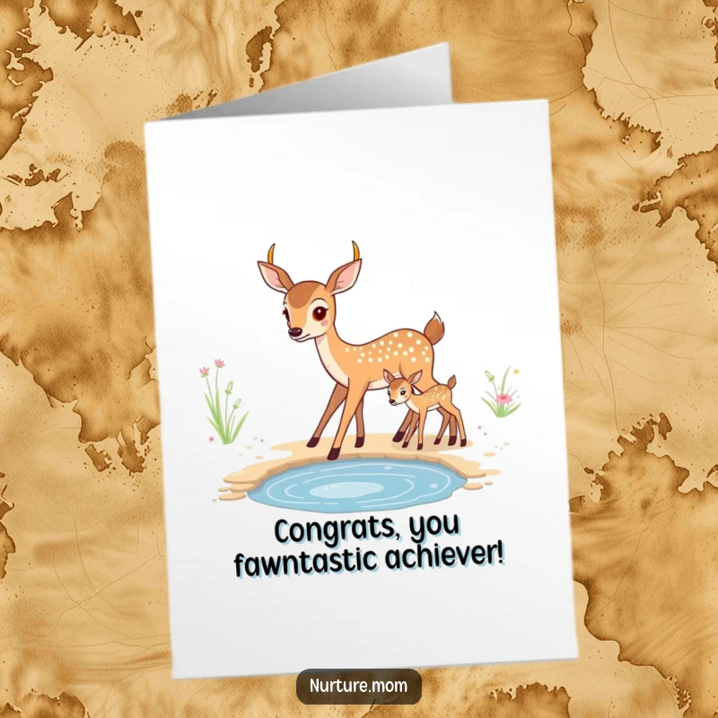 Funny Free Printable Congratulations Card: Kawaii mother deer leads her fawn, a delightful and humorous downloadable greeting.