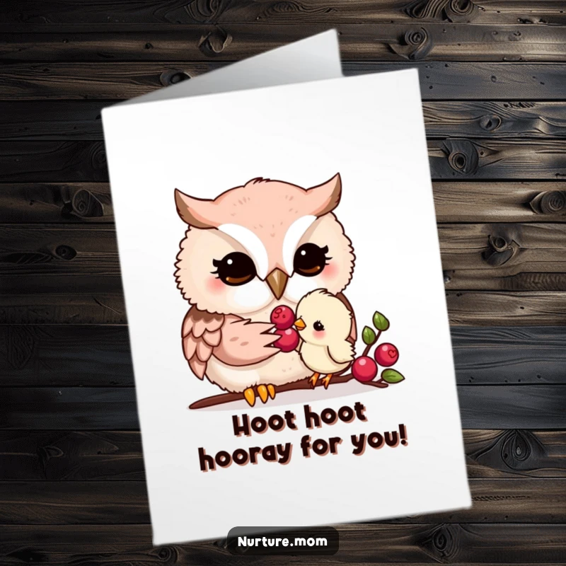 Free Printable Congratulations Card: Kawaii owl mom tenderly feeding a tiny chick a berry to celebrate.