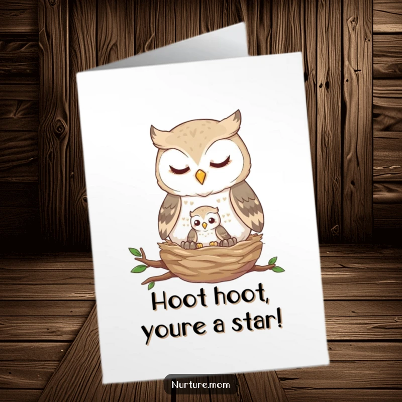 Funny free printable congratulations card featuring a gentle owl feeding its tiny fledgling a treat.