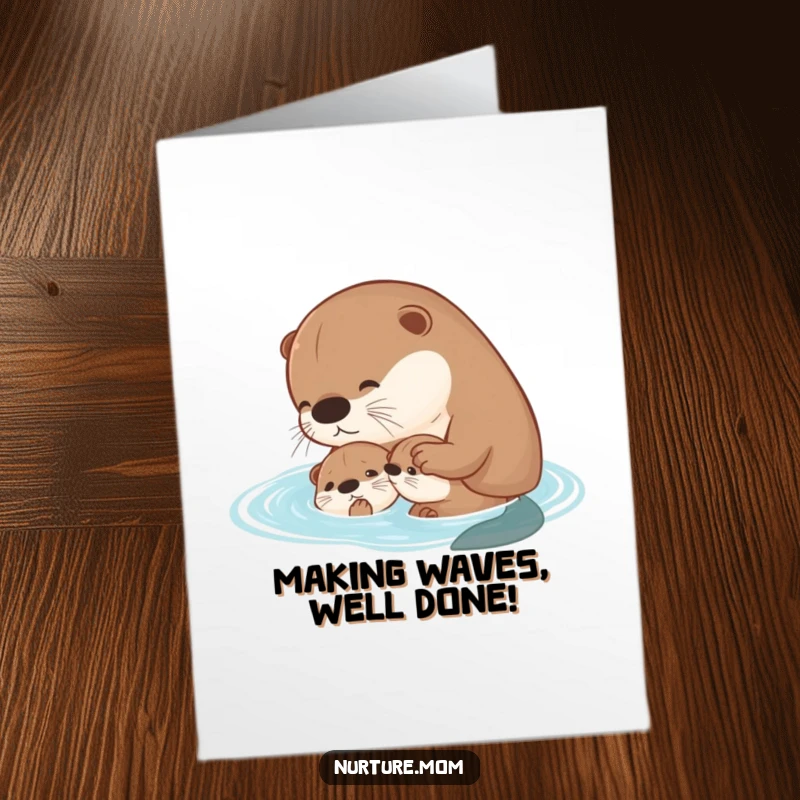 Funny Free Printable Congratulations Card: A kawaii mother otter patiently teaching her pup the joys of swimming, perfect for a sweet, humorous congrats.