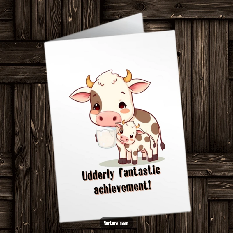 Free Printable Congratulations Card: A contented cow mom offers milk to her calf, celebrating success with joy.
