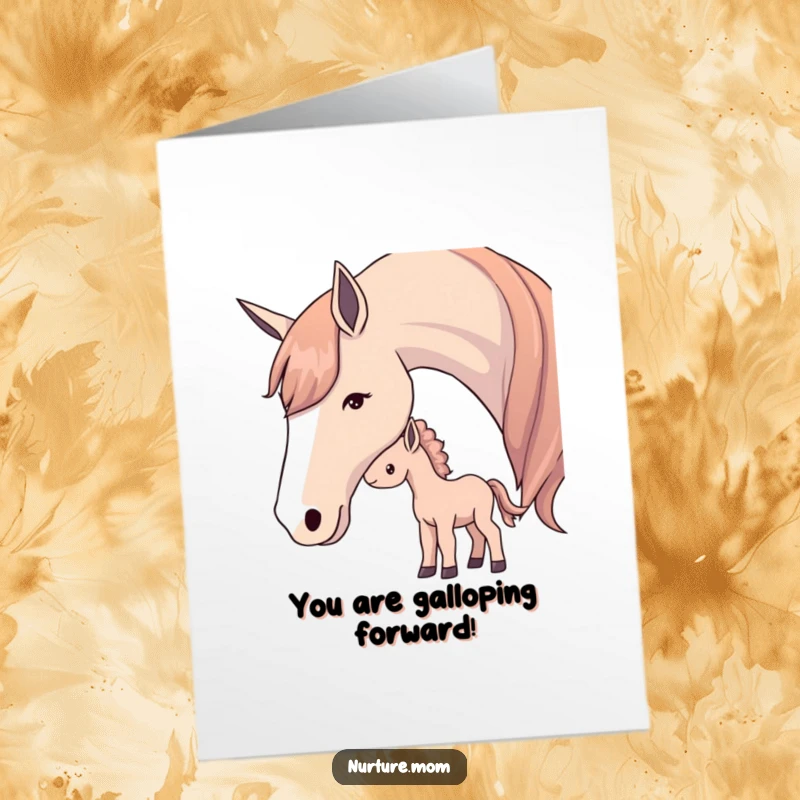 Tender Free Printable Congratulations Card: Mother horse nuzzles her foal, symbolizing guidance and support.