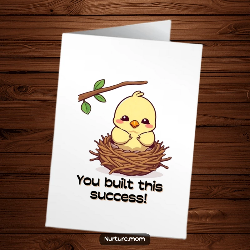 Funny Free Printable Congratulations Card: A kawaii mother bird diligently building a cozy nest, perfect for a nurturing, humorous congratulation.