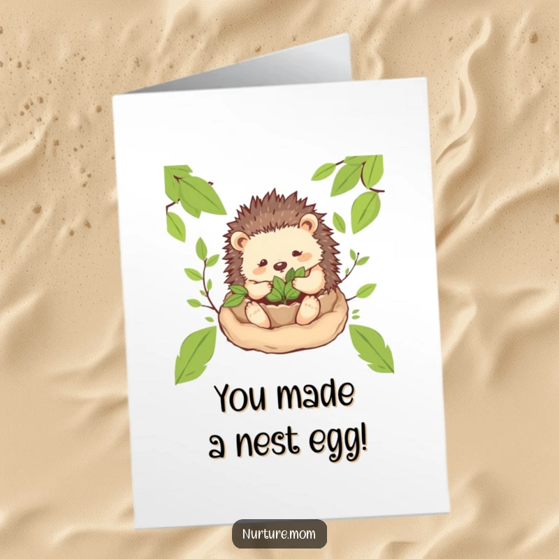 Free Printable Congratulations Card: A gentle hedgehog mom builds a cozy nest, celebrating achievements warmly.