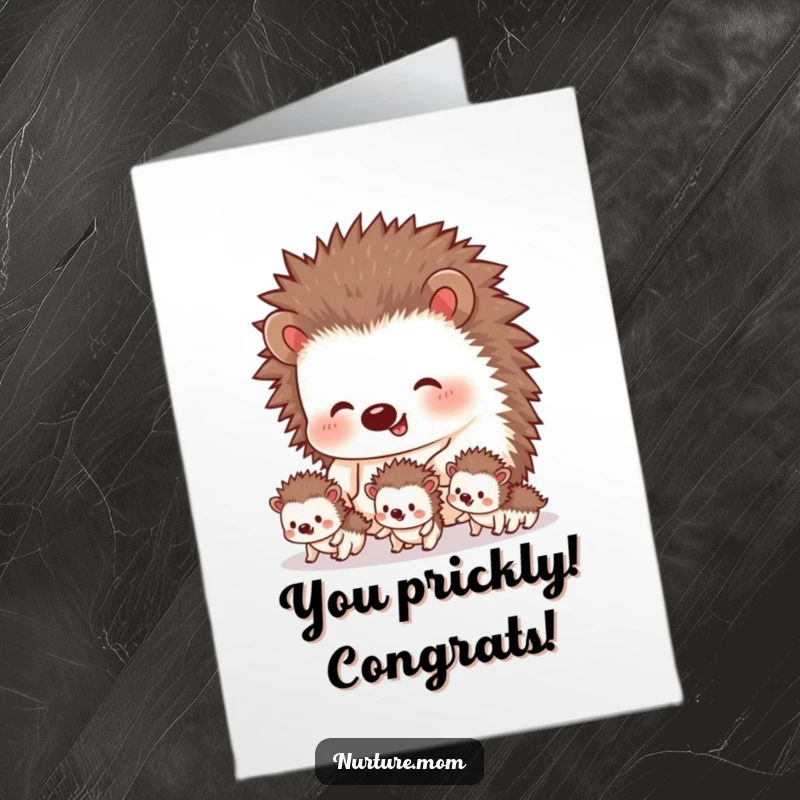 Funny Free Printable congratulations card with an overloaded hedgehog parent guiding tiny siblings, a cute and humorous downloadable design.