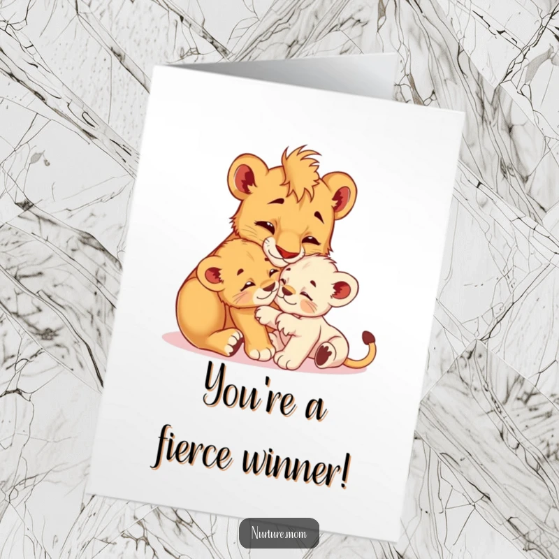 Free Printable Congratulations Card: A loving lioness cub grooms her playful offspring, celebrating success with pride.