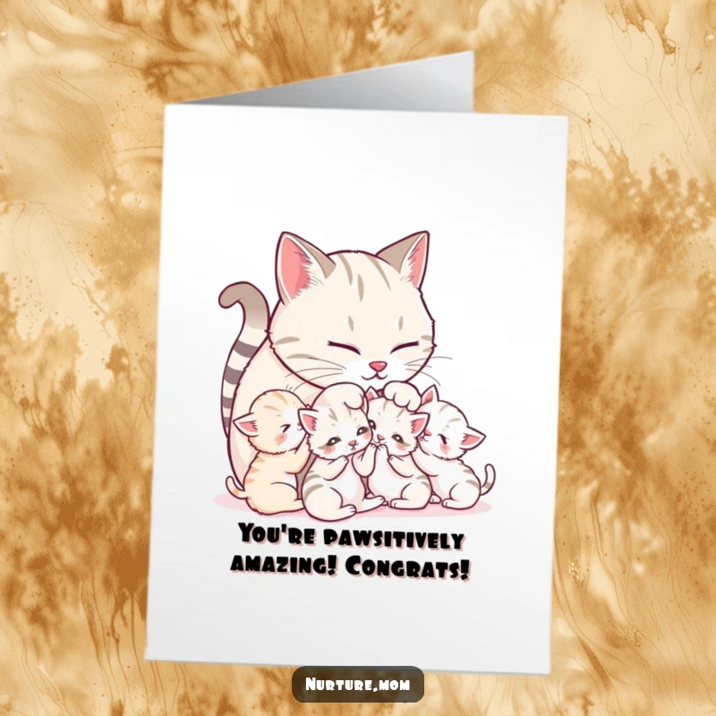 Funny Free Printable Congratulations Card: Cat mother showering her playful kittens with affection.
