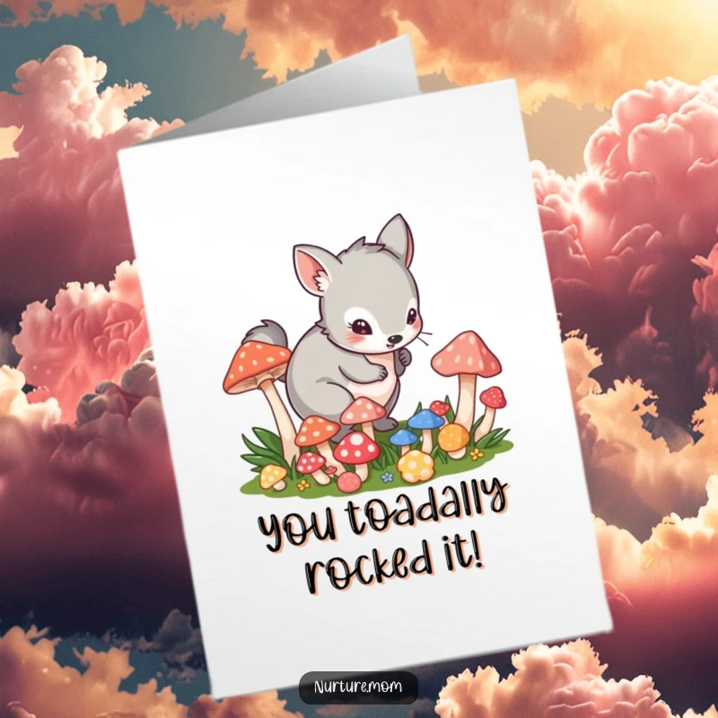 Funny Free Printable Congrats Card: Playful animal crouched, tending to vibrant mushrooms, celebrating a magical achievement.