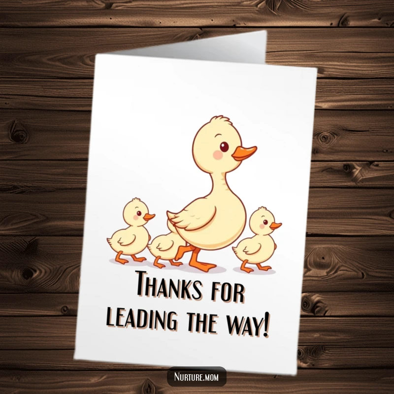 Funny Free Printable Thank You Card: Kawaii duck mom leading ducklings in a neat line, expressing thanks humorously.