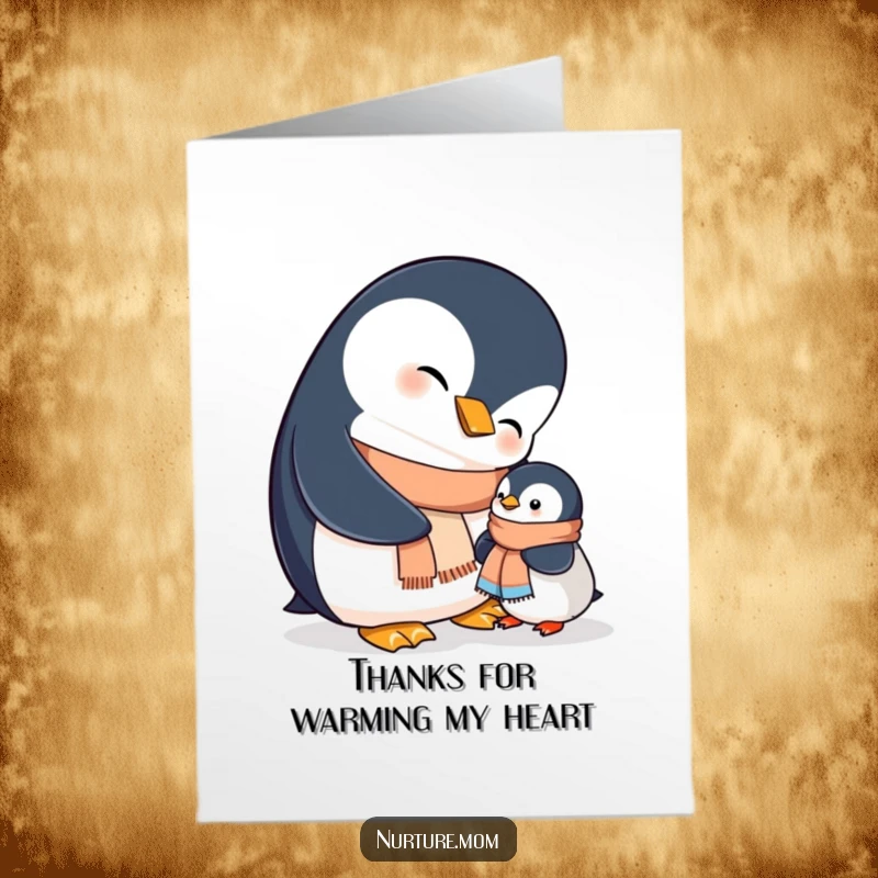 Funny Free Printable Thank You Card: Smiling mama penguin helps chick with a tiny scarf, expressing gratitude with cute cuddles.