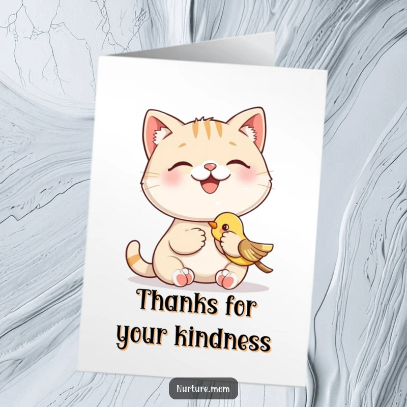 Funny Free Printable Thank You Card: A smiling cat happily feeding a baby bird, showcasing gentle kindness, a perfect DIY gift.
