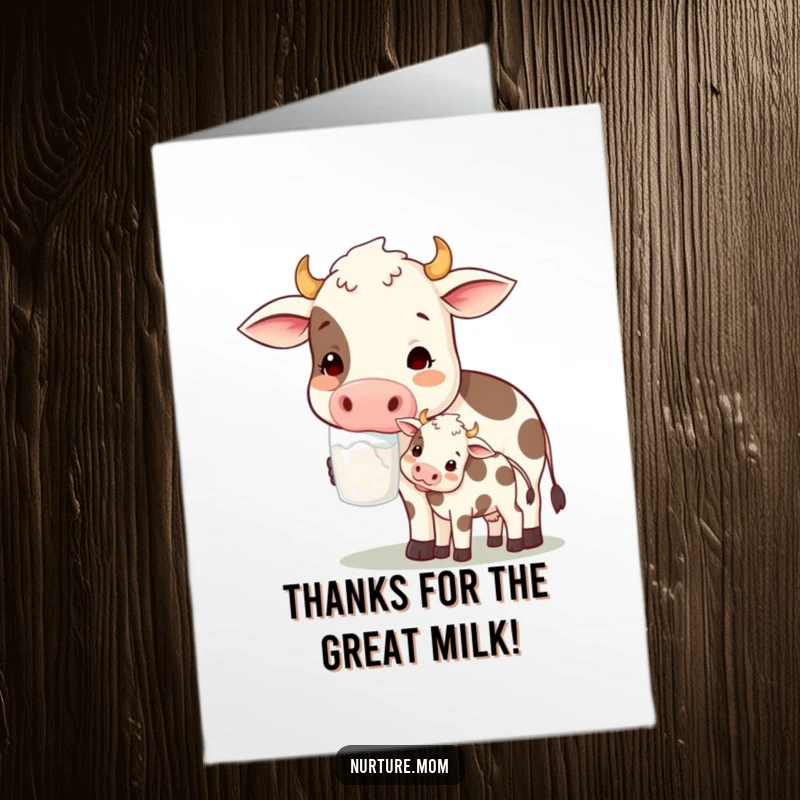 Free Printable Thank You Card: A contented cow mom happily offers milk to her calf, expressing thanks.