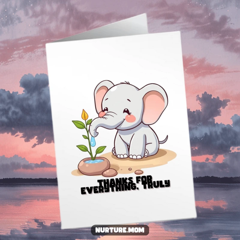 Funny Free Printable Thank You Card: A happy elephant uses its trunk to water a plant, symbolizing care and gratitude, a perfect DIY gift.