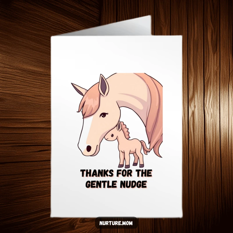 Gentle Free Printable Thank You Card: Mother horse nuzzles her foal, a soft expression of thanks.