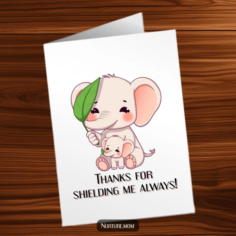Funny Free Printable Thank You Card: Kawaii elephant mom sheltering baby from intense sun with a large green leaf.