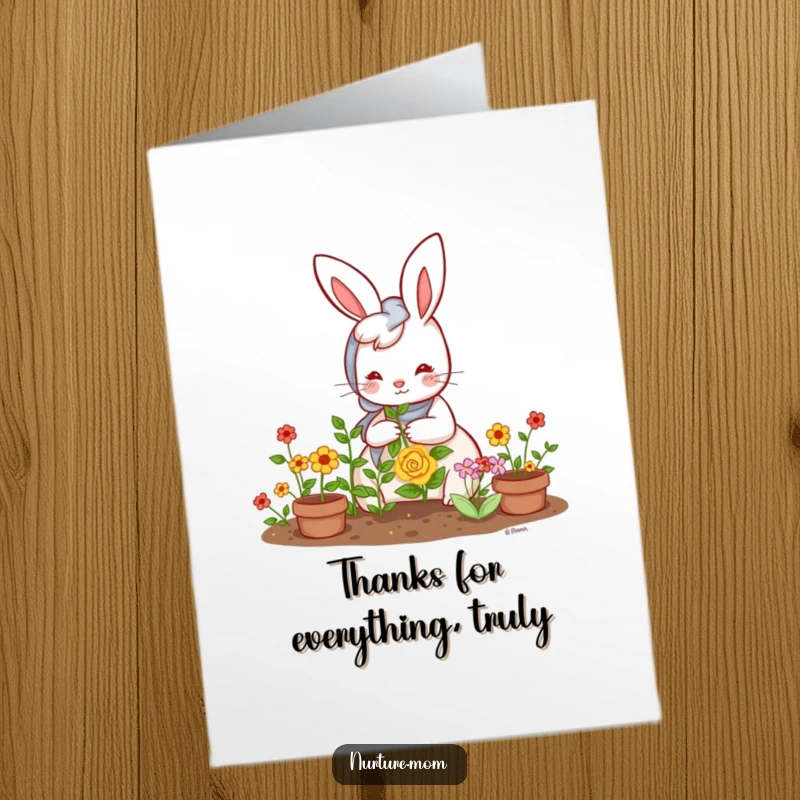Funny Free Printable Thank You Card: Kawaii rabbit mom offers a flower from her garden, a sweet and humorous thanks.