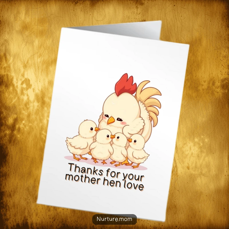 Sweet Free Printable thank you card with a mother hen and her fluffy chicks, a tender and heartwarming downloadable illustration.