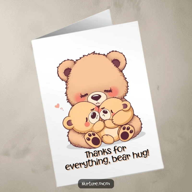 Funny Free Printable Thank You Card: Fuzzy bear mother comforts her crying baby bear, a symbol of care.