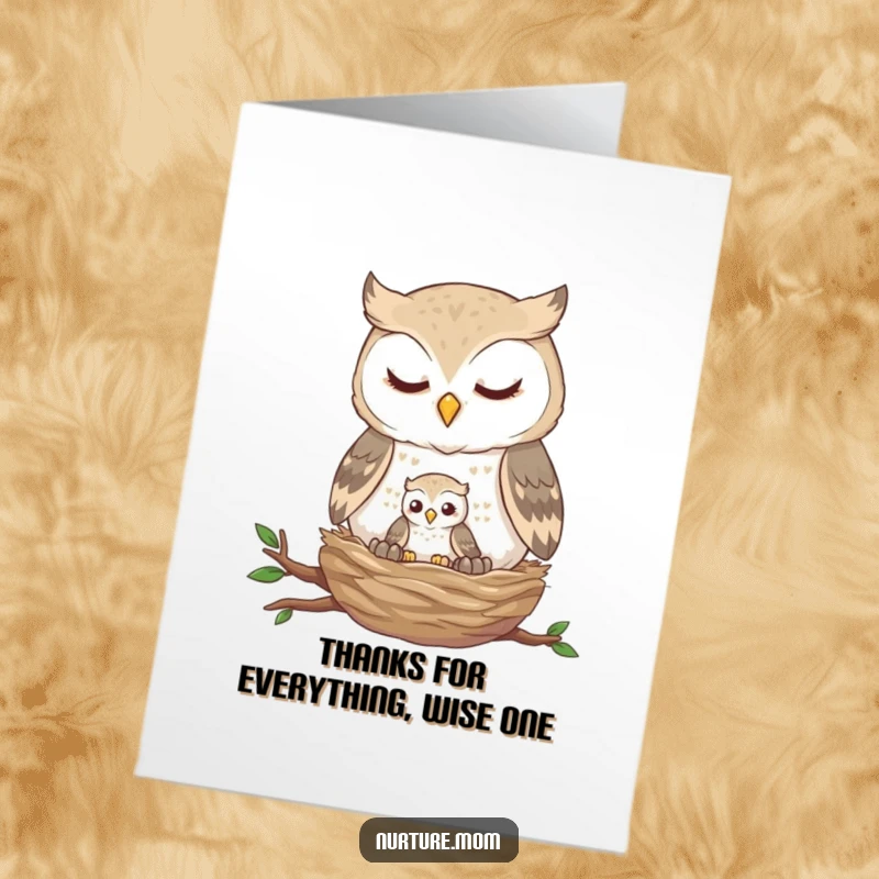 Funny free printable thank you card of a gentle owl nurturing its tiny fledgling in a nest.