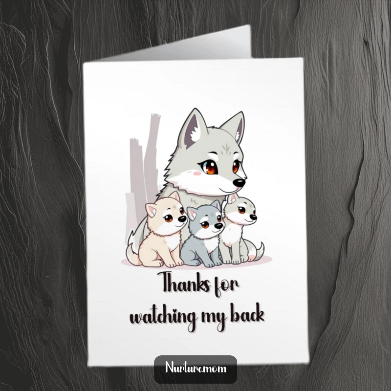 Funny Free Printable Thank You Card: Wolf mom observing pups, expressing thanks, quiet watchfulness, natural habitat, downloadable card