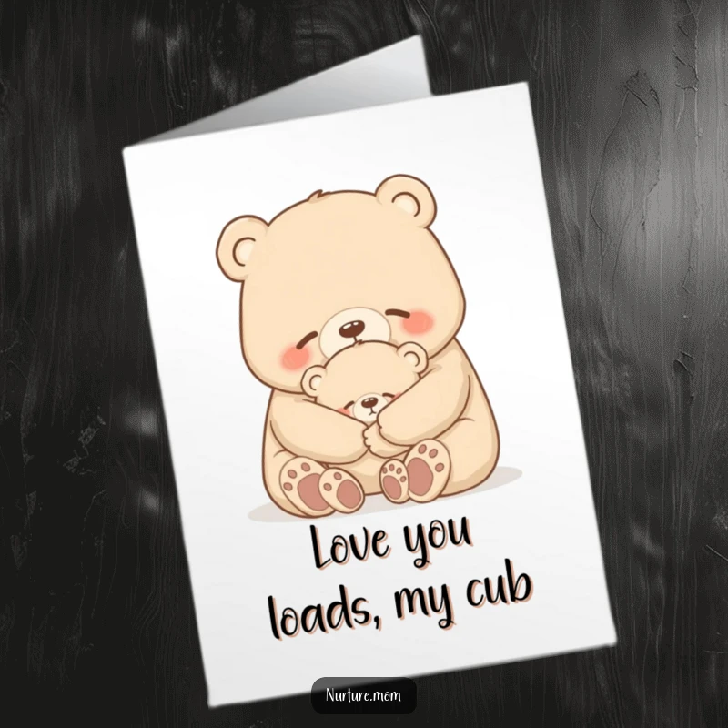 Funny Free Printable Thank You Card: Mother bear offers a gentle hug to her tiny cub, expressing love.