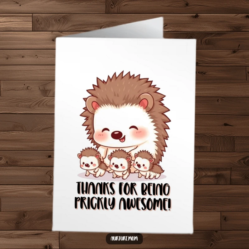 Funny Free Printable thank you card with a loving hedgehog parent and tiny siblings, a charming and humorous downloadable illustration.