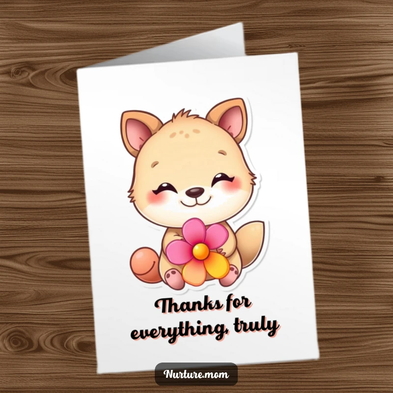 Funny Free Printable Thank You Card featuring a loving animal presenting a beautiful flower.
