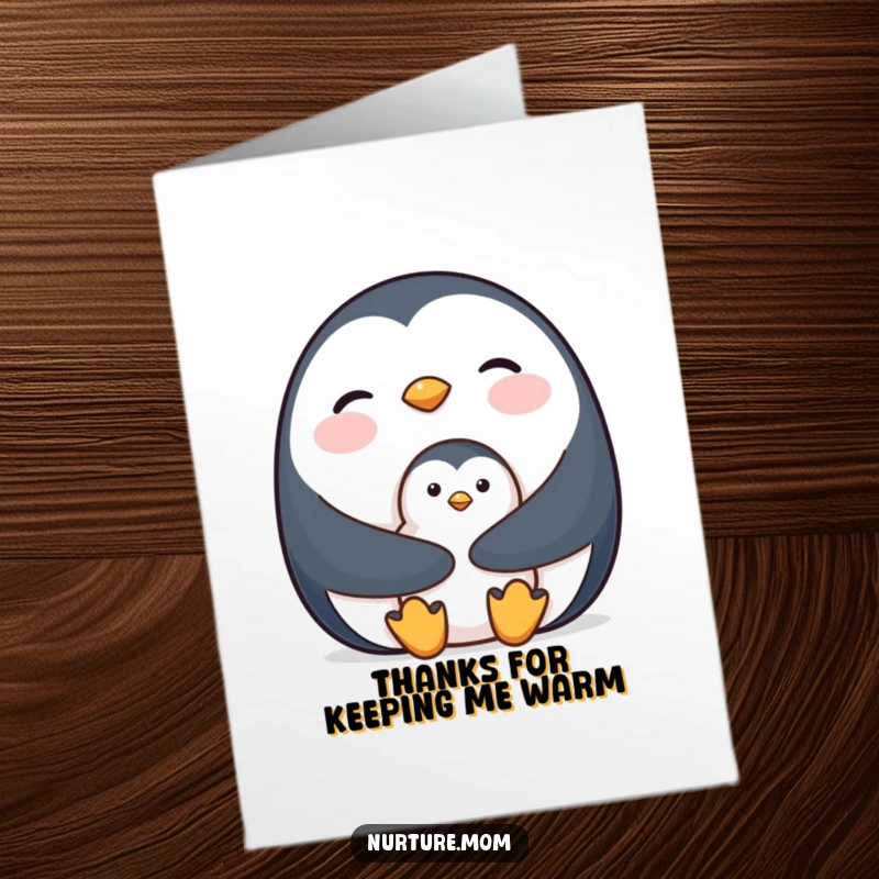 Sweet Free Printable Thank You Card: Mother penguin cuddles her chick, a gesture of deep thanks.