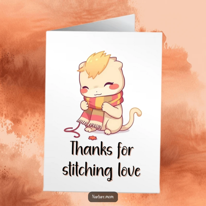 Funny Free Printable Thank you Card: a creature diligently knitting a colorful, soft scarf.