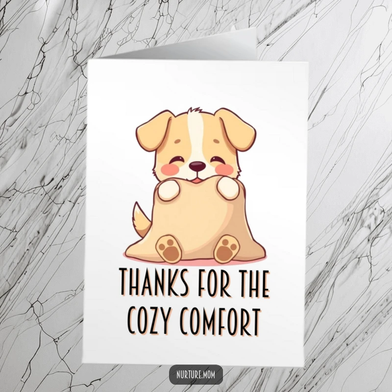 Funny Free Printable Thank You Card: A playful dog offers a warm blanket, symbolizing comfort and gratitude, a perfect DIY gift.