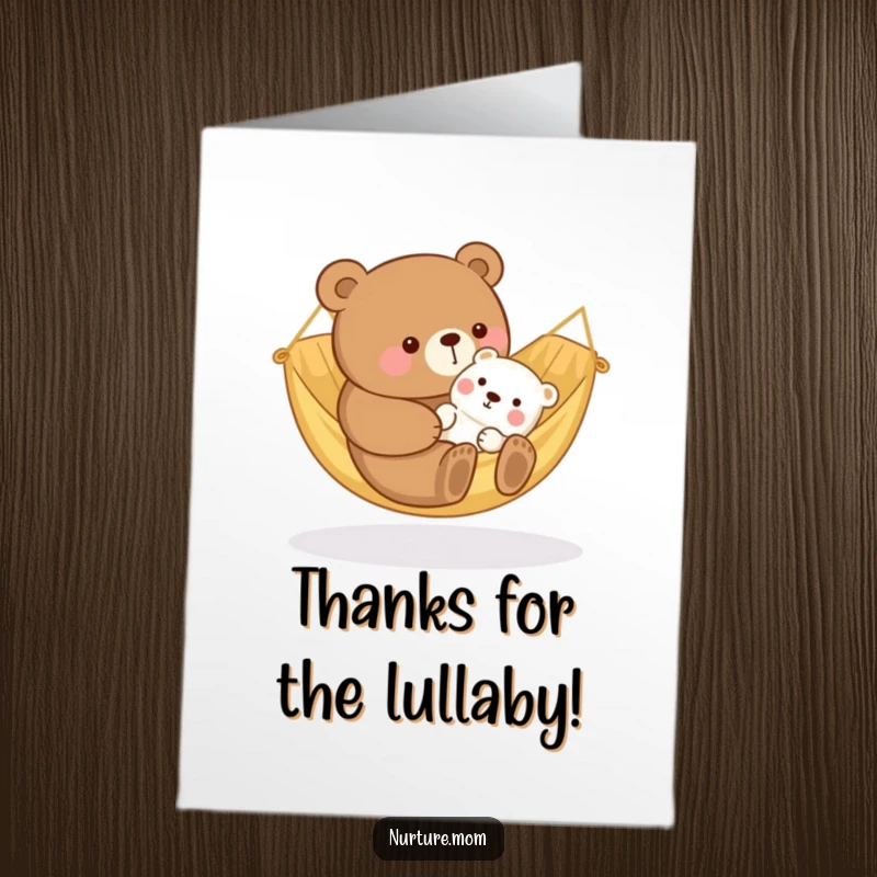 Funny Free Printable Thank You Card: Kawaii bear mom rocking a baby animal in a cozy hammock with care.