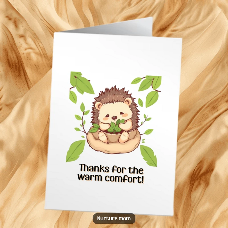 Free Printable Thank You Card: A gentle hedgehog mom crafts a cozy leaf nest, showing thanks warmly.