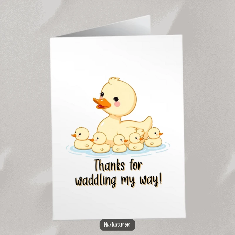 Funny Free Printable Thank You Card: Kawaii mama duck with ducklings in a row, a cute and humorous downloadable.