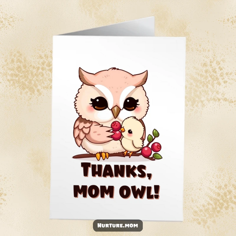 Funny Free Printable Thank You Card: Kawaii owl mom gently feeding a tiny chick a berry with love.