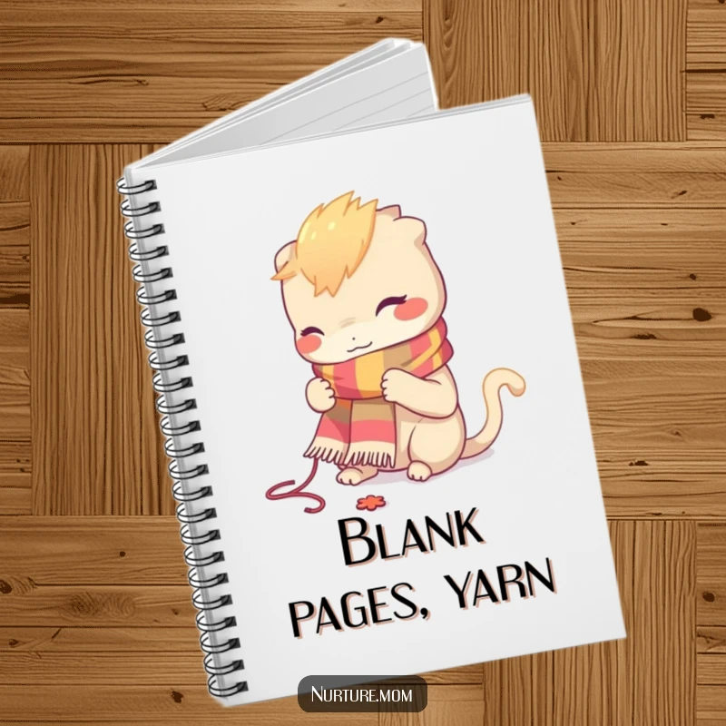 Funny notebook with a creature knitting a small, colorful scarf, ideal for planning knitting projects and patterns.