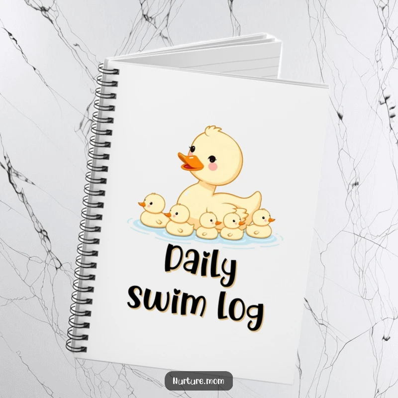 Funny kawaii mama duck with her ducklings on a notebook cover, ideal for journaling.