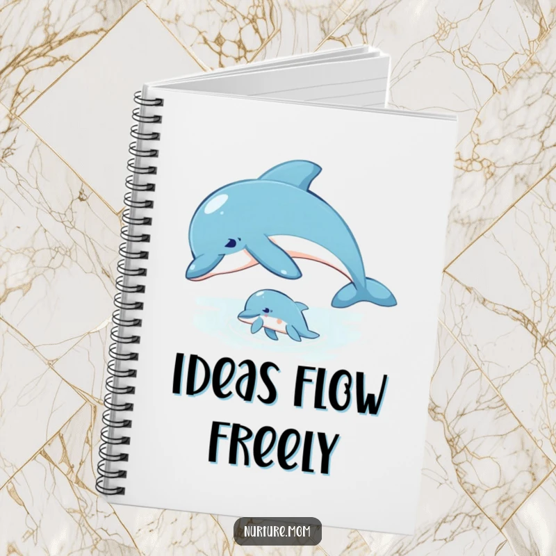 Notebook cover featuring a mother dolphin guiding her calf through the water, representing wisdom.