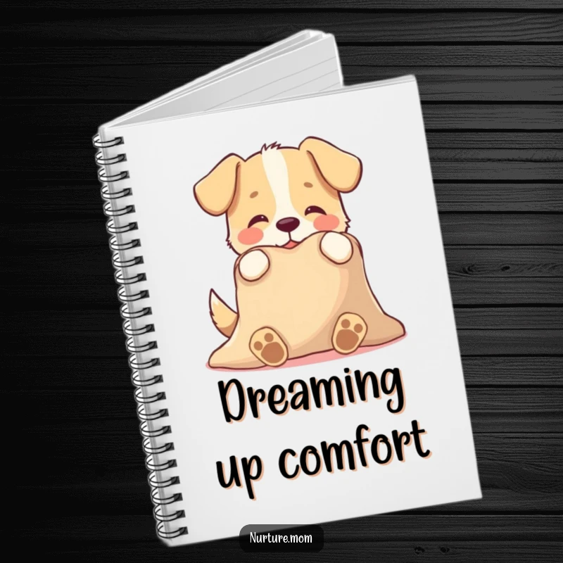 Funny notebook with a playful dog character tenderly offering a warm blanket, a humorous cover for journaling and note-taking.